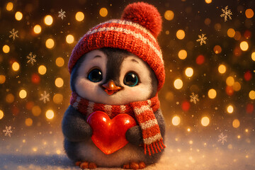 Cute Christmas Penguin with Red Heart