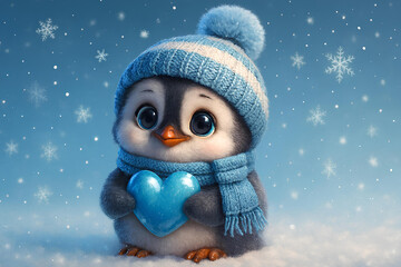 Cute Winter Penguin with Blue Heart