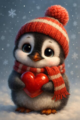 Christmas Penguin with Red Heart and Lights