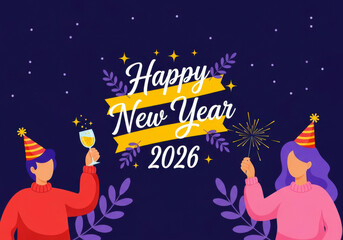 Fototapeta premium Couple celebrating new year 2026 with champagne and sparkler against dark starry sky background
