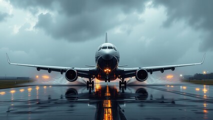 A commercial jet poised on a wet runway, with the glow of runway lights reflecting against the water and the menacing sky.