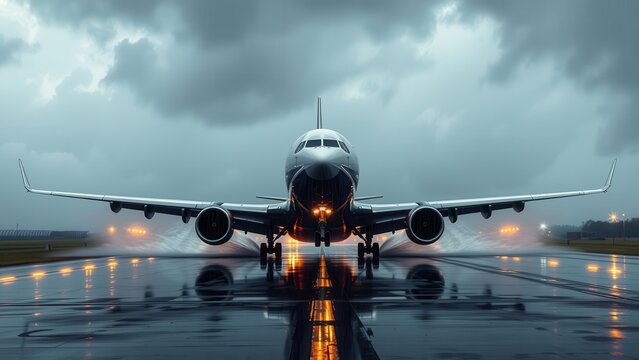 A commercial jet poised on a wet runway, with the glow of runway lights reflecting against the water and the menacing sky. - Powered by Adobe
