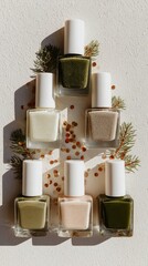 Elegant holiday arrangement featuring nail polish bottles arranged like Christmas tree with festive decorations