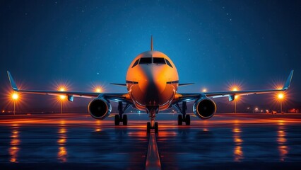 Fototapeta premium A captivating front-on view captures an airliner sitting at an airfield during a stunning twilight. The aircraft is illuminated by the runway's ambient light. 