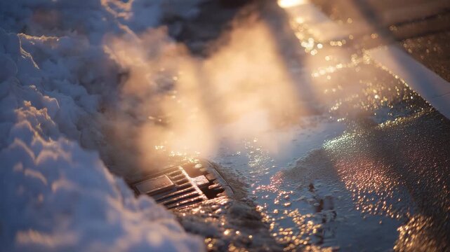 Close-up of steam billowing from a manhole cover on a snow-covered city street, warm vapor contrasting with cold snow, glistening reflections on wet asphalt under soft winter light