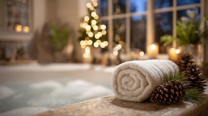 Close-up of towel rolled neatly on the edge of a luxurious tub, surrounded by pinecones and subtle holiday decorations, warm light highlighting textures and cozy ambiance