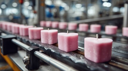 Heart-shaped pink candles arranged on production belt in manufacturing facility