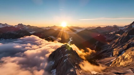 Majestic mountain scenery, jagged mountain tops with sunrise illuminating rugged textures and contours, rough mountain ridges and glowing sunrise create dramatic scenes perfect for action visuals - Powered by Adobe