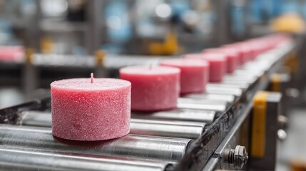 Line of pink glitter candles moving along conveyor system in industrial plant