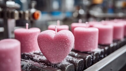 Heart-shaped pink candle standing upright on wet conveyor surface in factory
