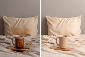 Coffee spill stain on pillow and bedding in messy bedroom setting