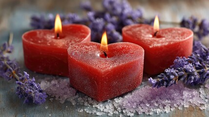 Romantic red heart candles burning with lavender decor in soft light