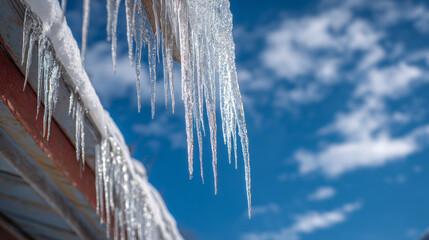 Icicles hanging from a roof, glittering under blue sky.