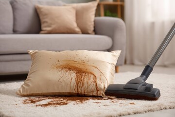 Vacuum cleaner removing dirt from carpet in cozy living room