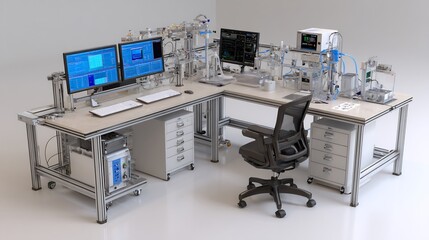 Automation system industrial setup with monitors and equipment workstation view