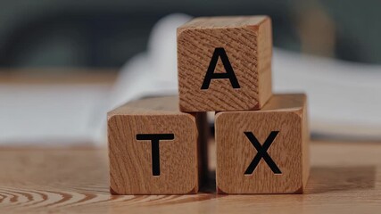 Wooden blocks with tax lettering stacked on office desk, financial concept for accounting payment and government fiscal policy planning