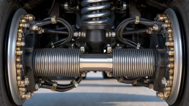 Detailed photograph of airplane landing gear assembly, showing interlocking pistons, coiled cables, and suspension rods coated in light grease, captured with sharp industrial preci