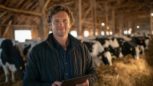 Farmer standing among cows in a spacious barn, tablet glowing softly in hands, straw-covered floor and wooden beams illuminated by morning light, highlighting a calm, productive sc