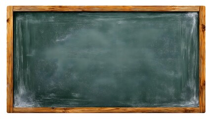 Vintage green chalkboard with a rustic wooden frame, distressed and isolated on white background