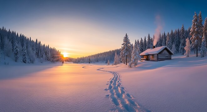 Winter Wonderland Cabin Scene with Sunset and Snowy Landscape