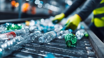 Worker sorting plastic bottles on a conveyor belt in a recycling plant for environmental sustainability and waste management