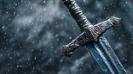 Ornate medieval sword with a textured hilt and blade, covered in frost and snow, dark background