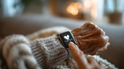 Senior individuals hand with a smartwatch showing heart rate, emphasizing health technology