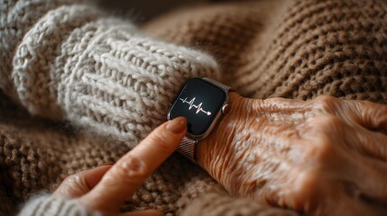 Elderly hand touching a smartwatch displaying an ecg waveform, monitoring heart health