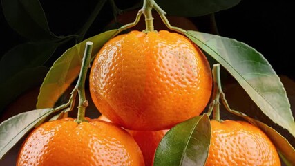 A captivating close-up shot features several vibrant orange citrus fruits, complete with fresh green leaves and sturdy stems, set against a sophisticated dark background. The rich, textured peel of th - Powered by Adobe