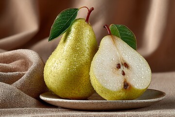 Fresh pears on plate, healthy fruit, ripe bartlett pear, food photography shot