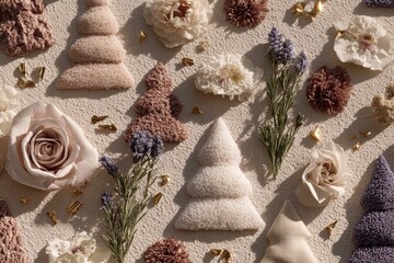 Elegant holiday decor arrangement featuring textured Christmas trees and delicate flowers on soft background