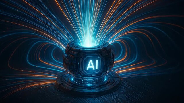 A vibrant representation of artificial intelligence, showcasing glowing streams of data and a modern design.