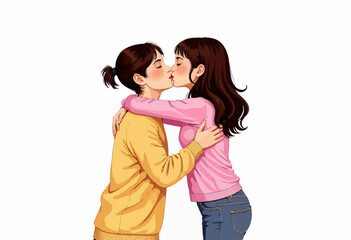 Obraz premium Illustration of Two People Embracing and Sharing an Affectionate Kiss, Capturing a Tender Moment Full of Love and Connection Against a Simple Background