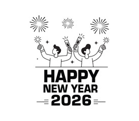 Happy New Year 2026 | Black and White  illustration with simple line art, fireworks, stars, and modern typography. Clean vector style suitable for greeting cards, posters, and social media.