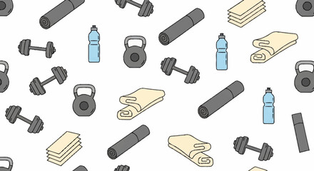 Seamless Pattern of Fitness Equipment and Accessories for Gym Workouts and Healthy Lifestyle