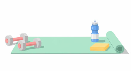 Fitness Equipment Set on Yoga Mat Dumbbells, Water Bottle, and Block for Exercise
