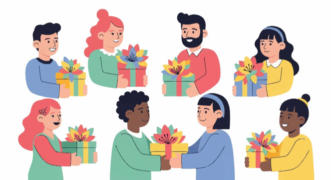 Diverse people giving and receiving colorful gift boxes, symbolizing joy, community spirit, and generosity during celebrations and special events - Powered by Adobe