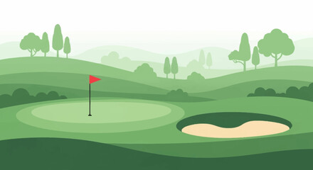 Fototapeta premium Scenic golf course landscape with a putting green, red flag, and sand bunker on a misty morning background