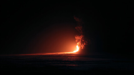 Minimalist shot of a single lava vent glowing in total darkness.