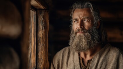 Noah opens the ark’s window to receive the first light of hope.
