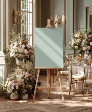 Elegant wedding seating chart mockup with blank easel board in luxury floral reception hall, soft pastel decor, romantic event display, classic interior background for design presentation