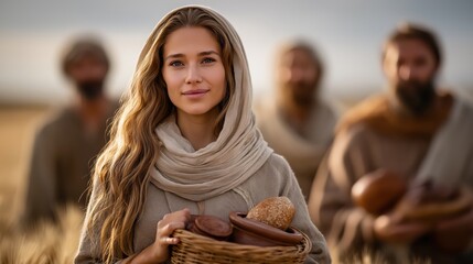 Abigail carrying food to David’s men with clay jars and bread in warm sunlight
