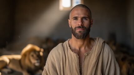 Daniel in the lions’ den resting in quiet faith beneath morning light