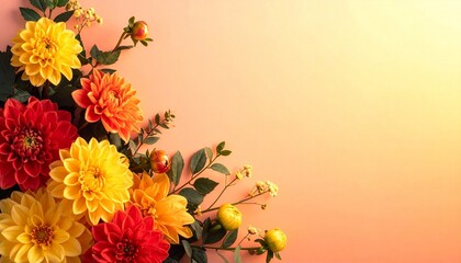 Vibrant Red and Yellow Dahlia Flower Cluster Border with Ample Peach Copy Space.