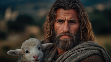 The good shepherd holding a rescued lamb at sunrise in peaceful hillside landscape