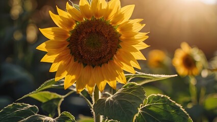 Naklejka premium Sunflower Closeup Illuminated by Warm Golden Hour Sunlight in Blooming Field