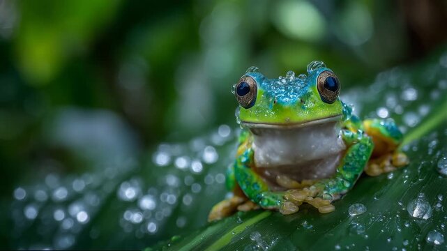 Macro shot of a vibrant green tree frog perched on a wet leaf, intricate skin texture and glistening eyes in sharp focus, natural sunlight highlighting its vivid colors