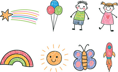 Obraz premium Childhood Drawings A Collection of Colorful Icons Featuring a Star, Rocket, Sun, and Butterfly