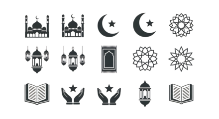 Collection of black and white islamic religious symbols and icons isolated on transparent background
