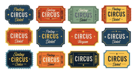 Collection of vintage circus ticket and sticker design set isolated on transparent background